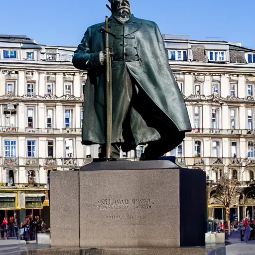 Prompt: a statue of otto von bismarck in the middle of a city square in america.