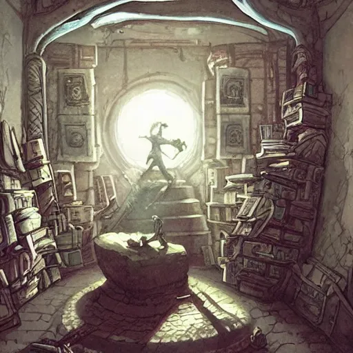 Prompt: detailed room in the sewer lair The room is a clean and delicate room over the bed there is a sword rack everythingis neat a stack of comics ,soft,light,bright,epic,awesome,digital art, by Simon beak and Greg rutkowski