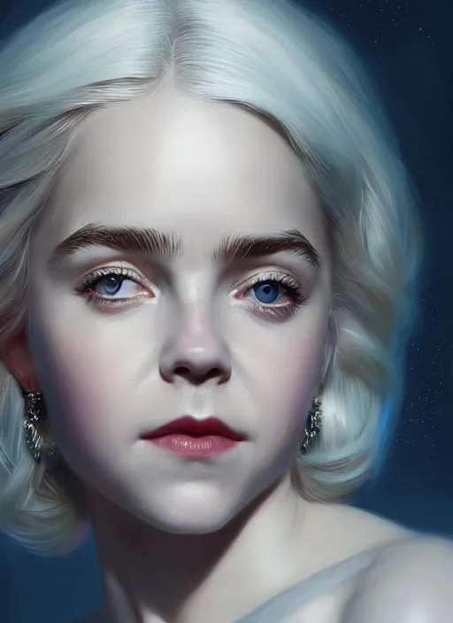 Image similar to portrait of kiernan shipka as sabrina spellman, white hair, intricate, elegant, glowing lights, highly detailed, digital painting, artstation, concept art, smooth, sharp focus, illustration, art by wlop, mars ravelo and greg rutkowski