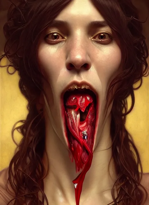 Image similar to incubus sticking out tongue with blood, realistic, surealism, lavish, steep, aesthetic, extravagant, shiny, fantasy, intricate, elegant, extremely higly detailed, digital painting, artstation, ornate, grotesque, baroque, concept art, by artgerm and greg rutkowski and alphonse mucha, joongwon charles jeong and diego fazio