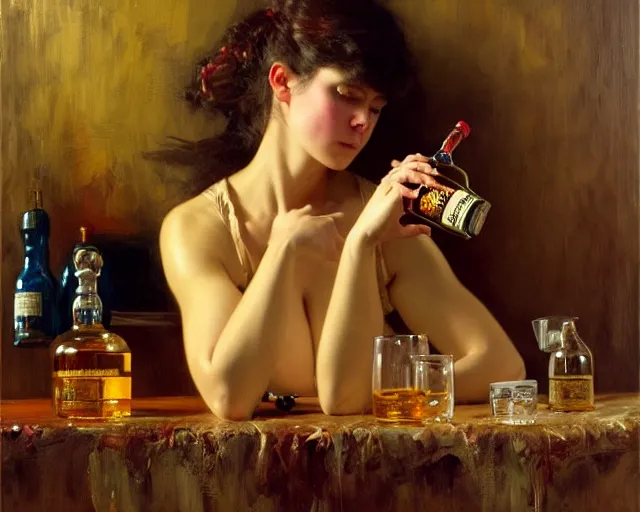 Image similar to an exhausted rhino girl in her studio with a bottle of whisky. highly detailed painting by gaston bussiere, craig mullins, j. c. leyendecker 8 k