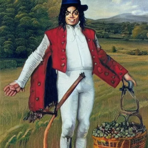 Prompt: Michael Jackson as a farmer from the 1600s standing in the middle of a field, realistic