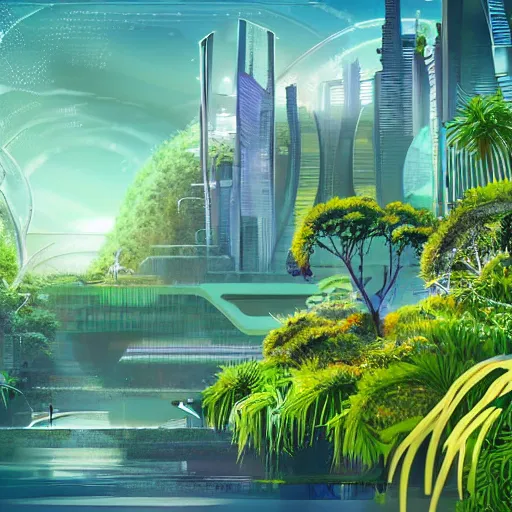 Image similar to beautiful happy picturesque charming organic futuristic sci - fi city in harmony with nature. water and plants. beautiful light. grainy and rough. soft colour scheme. beautiful artistic vector graphic design by lurid. ( 2 0 2 2 )