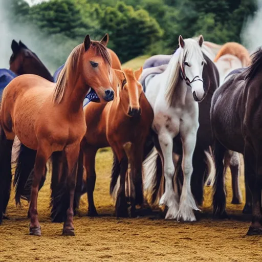 Prompt: horses doing big lines of ketamine at the rave