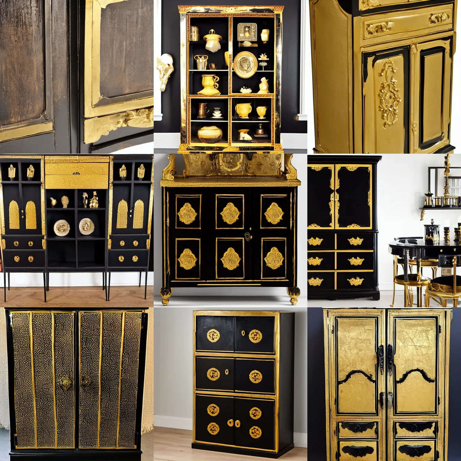 Prompt: antique cupboard black and gold