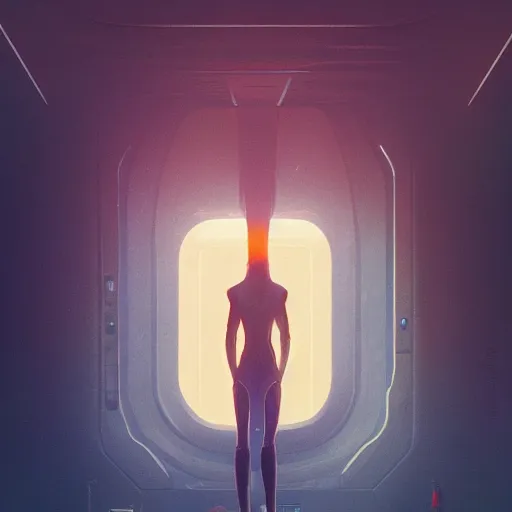 Image similar to Alien standing, observing the outside of a spaceship window while veering off into the vast distance of space, illustrated by Greg Rutkowski and Gaston Bussiere, neon light fixtures, beautiful glowing atmosphere, dappled lighting, trending on artstation, 4k, 8k