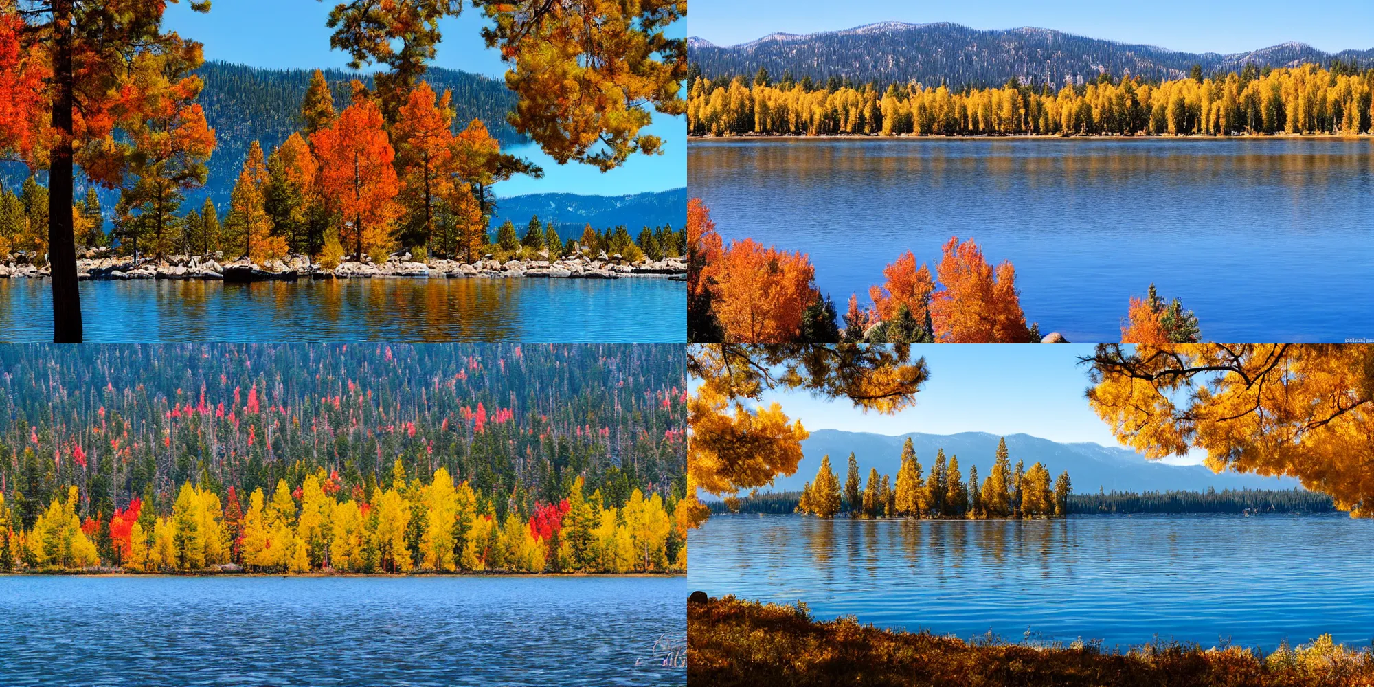 Prompt: serene view from the bank of Lake Tahoe I’m autumn with brightly colored trees, slight fog over the water