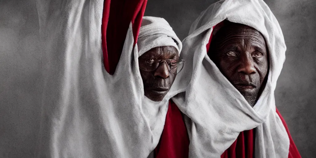 Image similar to a cinematic portrait of an old african man dressed in leather robes, in a small brilliant white prison cell, red color theme, dust storm, annie leibovitz and zack snyder, 8 k, hd, high resolution, 8 5 mm, f / 1. 8