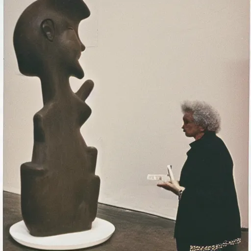 Image similar to jamel shabazz polaroid of a woman inspecting a sculpture by leonora carrington