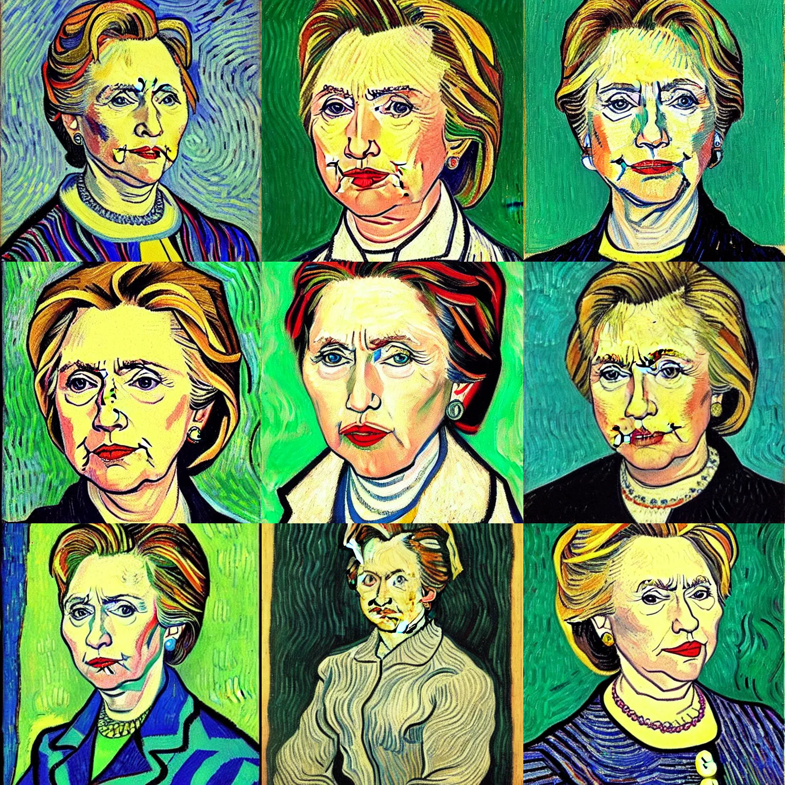Prompt: detailed portrait of hillary clinton, thick lines, paint strokes, painted by vincent van gogh, oil on canvas, 1 8 8 9.