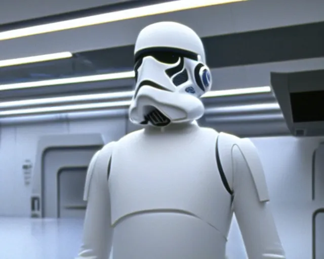 Image similar to screenshot sith android in a cloning lab, pensive, iconic scene from 1 9 8 0 s star wars film directed by ridley scott, in a sci fi architecture, last jedi, 4 k hd sharp, cinematic still frame, photoreal, detailed face, moody lighting, stunning cinematography, anamorphic lenses, kodak color film stock