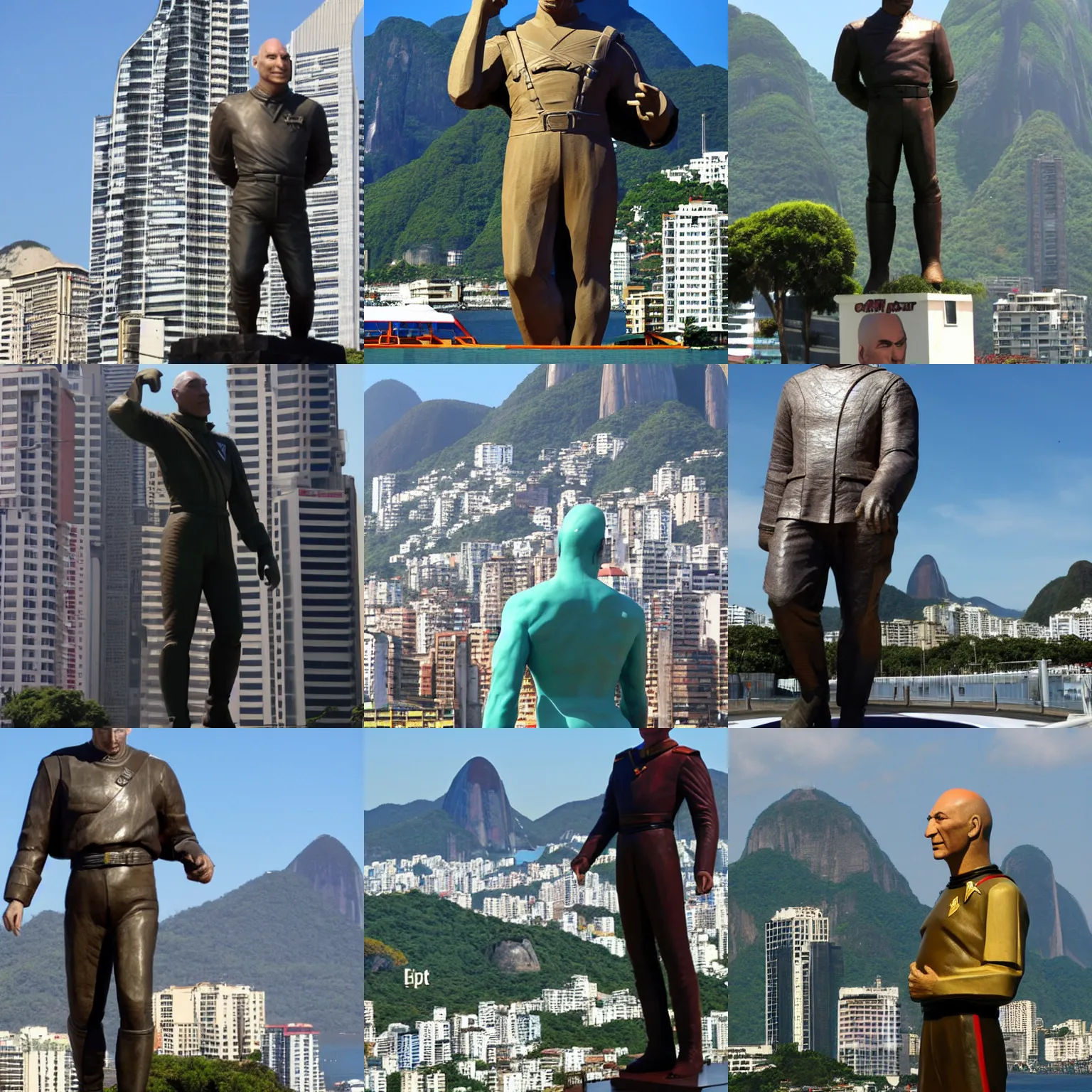 Prompt: A giant statue of Captain Jean-Luc Picard, overlooking Rio