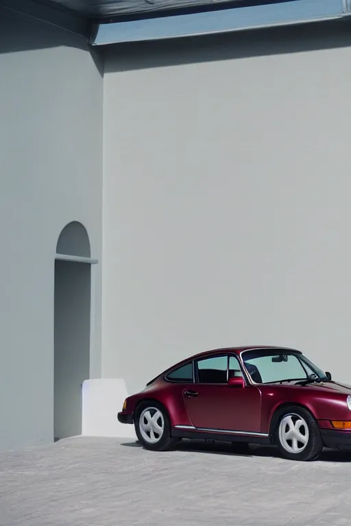 Image similar to Photo of a Porsche 911 Carrera 3.2 parked in front of a Prada Store in the desert, daylight, award winning, high resolution, cinestill 800t.