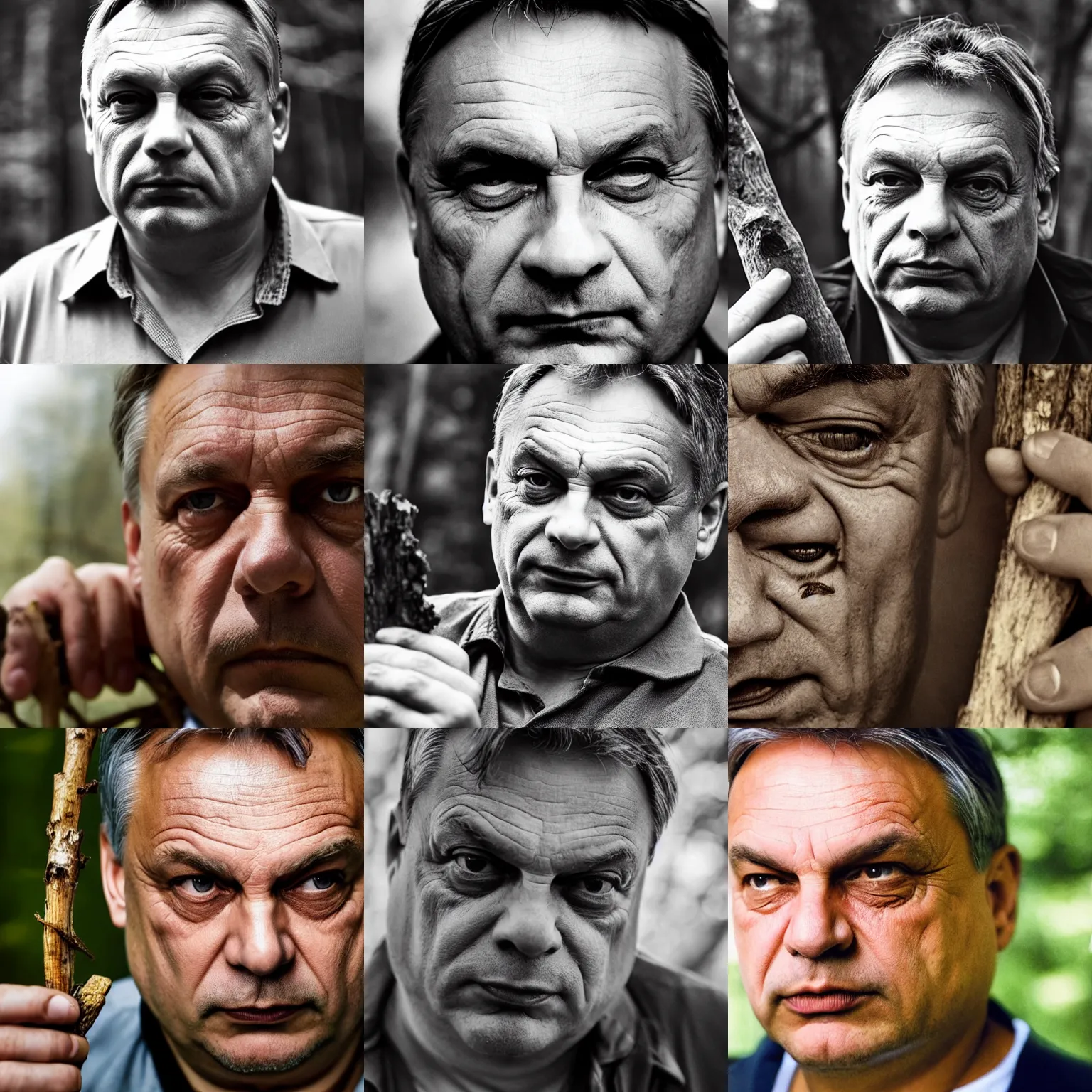 Prompt: close - up headshot of viktor orban in a forest, highly detailed face, holding a wood piece, very detailed, by peter lindbergh