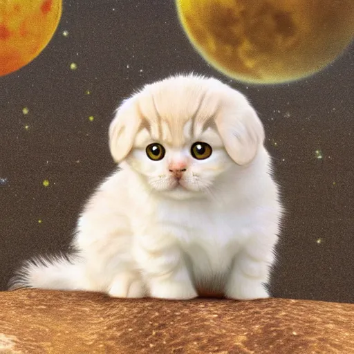 Image similar to cute little golden eyed scottish fold on the moon, realistic