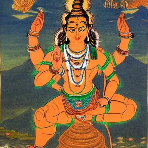 Prompt: god shiva dancing on the top of the mountain, higly detailed hindu art