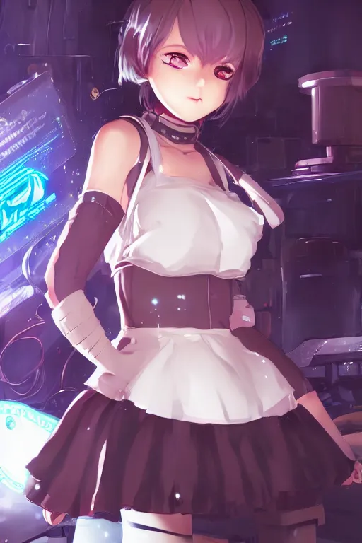 Image similar to a cute cyberpunk android maid girl, character art portrait, anime key visual, official media, illustrated by wlop, extremely detailed, 8 k, trending on artstation, cinematic lighting, beautiful,