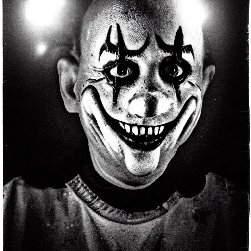 Prompt: a creepy clown with an unnatural smile from a horror movie, it is deformed and is staring at the camera from the end of a dark liminal hallway. caught on vhs, film grain, flashlight lighting, dead space,