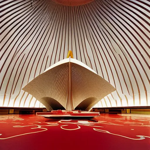 Prompt: interior of a futuristic lotus temple with gold, red and white marble panels, in the desert, by buckminster fuller and syd mead, intricate contemporary architecture with art nouveau motifs, photo journalism, photography, cinematic, national geographic photoshoot