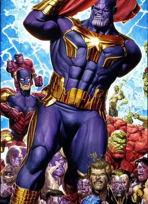 Image similar to full body and head portrait of josh brolin as marvel thanos, dynamic action, painted by norman rockwell and phil hale and greg staples and tom lovell and frank schoonover and jack kirby