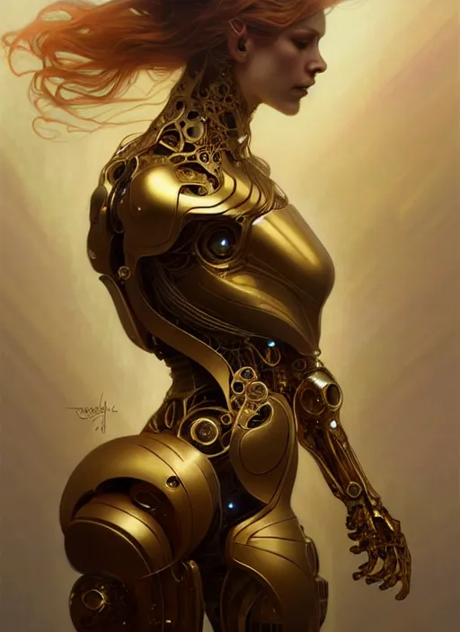 Prompt: organic cyborg, gold, diffuse lighting, fantasy, intricate, elegant, highly detailed, lifelike, photorealistic, digital painting, artstation, illustration, concept art, smooth, sharp focus, art by John Collier and Albert Aublet and Krenz Cushart and Artem Demura and Alphonse Mucha