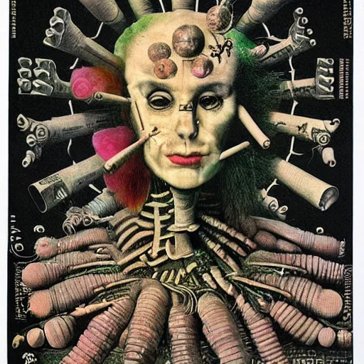 Image similar to post - punk new age album cover, asymmetrical design, dollar bank notes, capitalism, magic, apocalypse, psychedelic, black white pink, magic, giger h. r., giuseppe arcimboldo, peder aalto