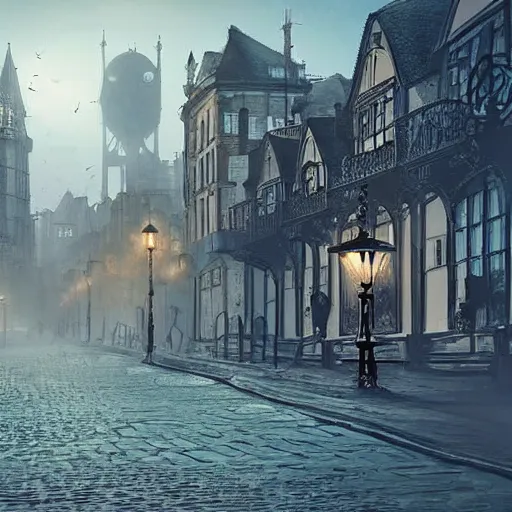 Prompt: steampunk city that looks like London 19th century, dawn, beautiful landscape