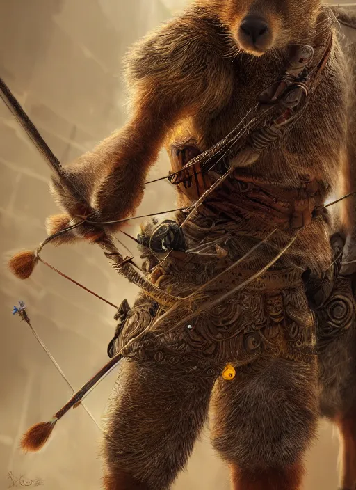 Image similar to detailed full body concept art illustration, soft focus, oil painting on canvas of an anthropomorphic capybara archer in full intricate clothing, biomutant, dystopian, micro detail, octane render, 4K