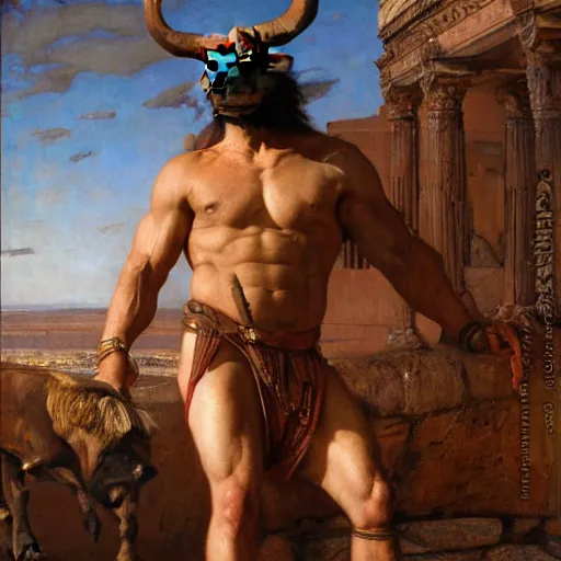 Image similar to Minotaur. Muscular warrior with the head of a Bison (buffalo). Orientalist portrait by john william waterhouse and Edwin Longsden Long and Theodore Ralli and Nasreddine Dinet, oil on canvas. Cinematic, hyper realism, dramatic lighting, high detail 4k