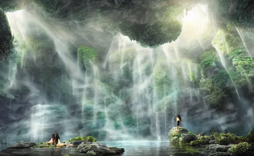 Image similar to a beautiful and stunning professional digital artwork of women worshipping god in cave, haze, spores floating in the air, waterfall, volumetric lighting, hyperrealistic, rtx on, ultra detail