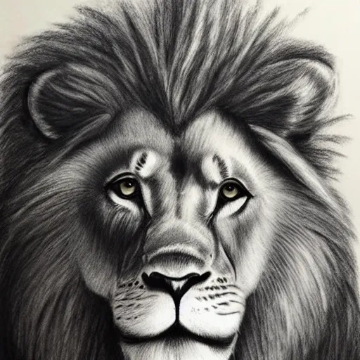 Creative minds - white charcoal pencil drawing . THE LION