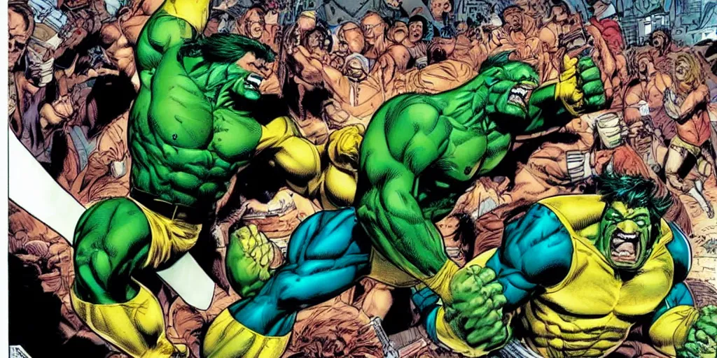 Image similar to wolverine vs the hulk comic illustration by jim lee and arthur adams and todd mcfarlane