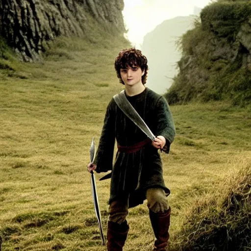 Image similar to Film still of a young Daniel Radcliffe as Frodo in Lord of the Rings: The Return of the King, wide shot, cinematic