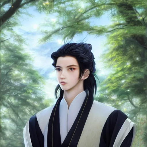 Image similar to a portrait of a young beautiful prince, golden eyes, long black hair, white hanfu, elegant, intricate, backlit, incredible lighting, strong rim light, subsurface scattering, photorealistic anime, epic beautiful landscape, cherry trees, highly detailed, digital painting, by Heise Jinyao, Heise-Lian Yan Fang, Feimo, Rossdraws, Sakimichan HDRI, vivid colors, high contrast, 8k