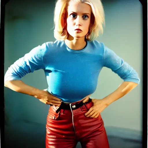 Prompt: analog Hassleblad 120mm color photography, a Hollywood actress holding a chainsaw threateningly, blonde, slim, black leather jacket, white t-shirt, blue jeans, Kodak Ektachrome 100