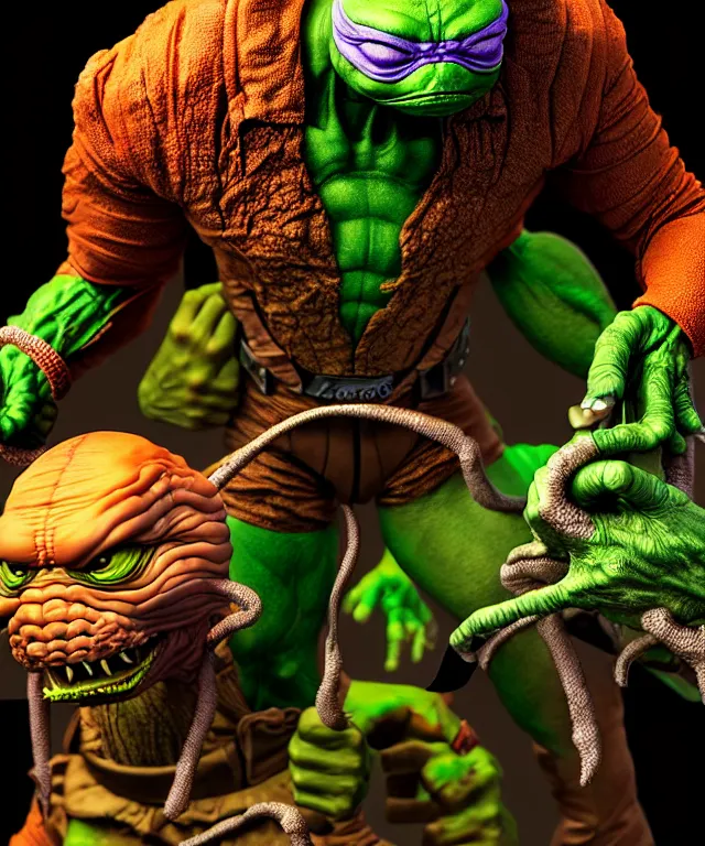 Image similar to hyperrealistic rendering, epic boss battle, cronenberg flesh monster tmnt, by art of skinner and richard corben, product photography, collectible action figure, sofubi, hottoys, storm clouds, outside, lightning