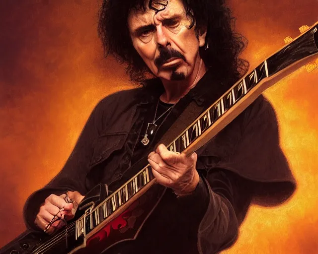 Image similar to photography of tony iommi playing a guitar at a tavern concert, 8 k, deep focus, d & d, fantasy, intricate, elegant, highly detailed, digital painting, artstation, concept art, matte, sharp focus, illustration, hearthstone, art by artgerm and greg rutkowski and alphonse mucha