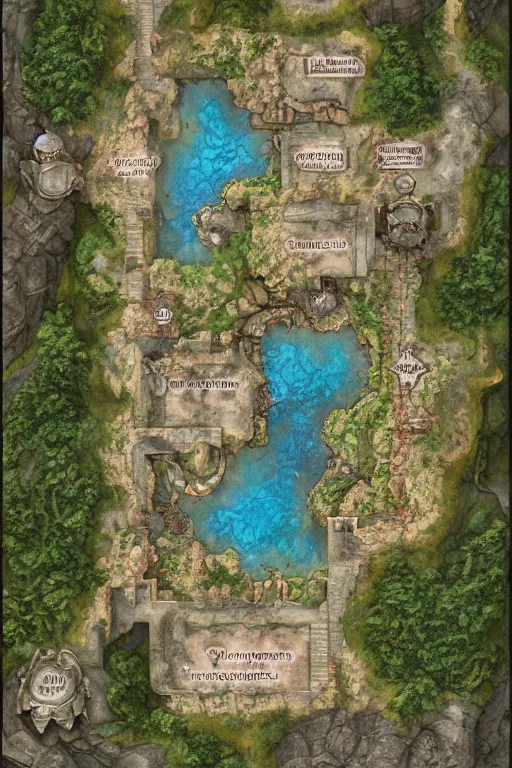 Image similar to a D&D fantasy tabletop game dungeon map with rooms, barracks, halls, with connecting caverns where at the end an ominous waterfall and pool reside, high quality, hd, realistic, by WOTC, Roll20, Wonderdraft, Craig Mullins, John Howe, trending on artstation