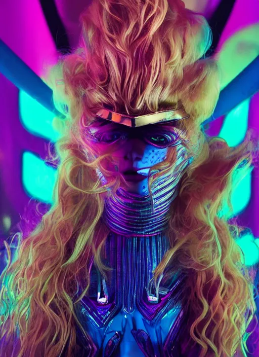 Prompt: vertical photo of polish female in chromatic futuristic suit, blonde, curly hair, symmetrical beautiful face, cyberpunk, native costume, standing in the primitive tent, prismatic neon, fashion editorial photography, hyperrealistic, from vogue magazine, reflections, refraction, gold, teal, orange