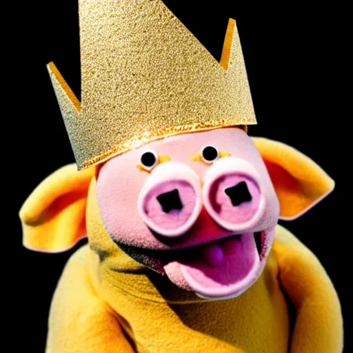 Prompt: studio photograph of a pig wearing a gold crown depicted as a muppet cooking