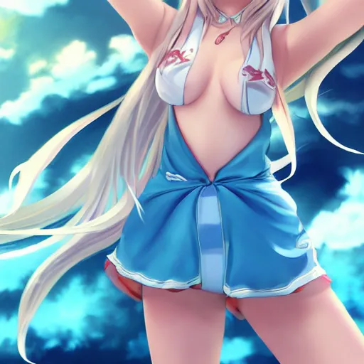 Prompt: a very beautiful young anime skater girl, full body, long wavy blond hair, sky blue eyes, full round face,, bikini, miniskirt, front view, mid - shot, highly detailed, cinematic wallpaper by stanley artgerm lau