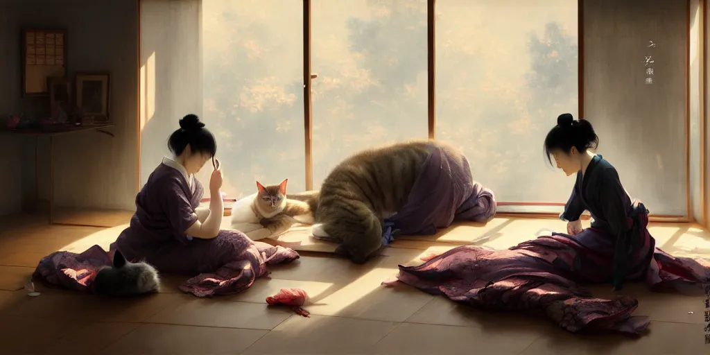 Image similar to japanese woman sewing on floor while a cat napping behind her, dim light, extremely detailed digital painting, in the style of fenghua zhong and ruan jia and jeremy lipking and peter mohrbacher, mystical colors, rim light, beautiful lighting, 8 k, stunning scene, raytracing, octane, trending on artstation