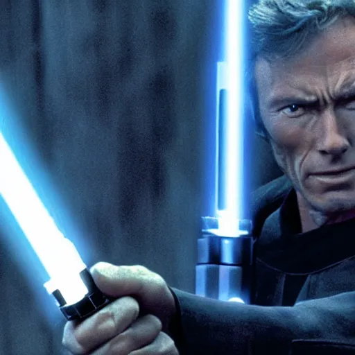 Image similar to clint eastwood holding blue lightsaber in star wars episode 3, 8k resolution, full HD, cinematic lighting, award winning, anatomically correct