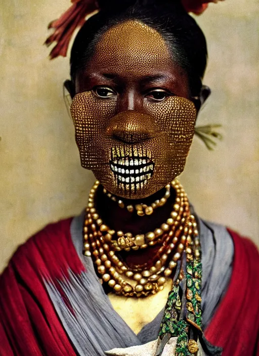 Image similar to hyperrealism, detailed textures, award winning autochrome african colonial 1 9 0 5 photo, symetrical japanese geisha, autochrome pearl portrait, pearl silverplate, intricate, detailed facial pearl scary animal mask, pearl, golden jewelery, silverplate, ultra realistic, cinematic, intricate, cinematic light by steve mccurry, unreal engine 8 k