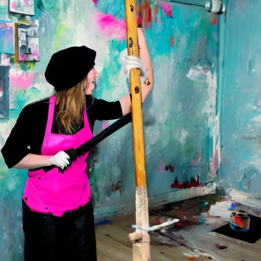 Image similar to surreal - a female artist (wearing pink hair and wearing black beret) swinging an ax with mad anger to cut a painting canvas in as paint flies throughout a dirty, dark art studio with paint cans on the floor and a computer in the corner