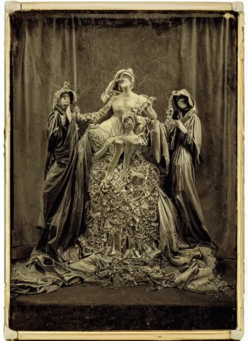 Image similar to old wetplate daguerreotype portrait of birth of lady justice, explosion of data fragments, fractal, intricate, elegant, highly detailed, parallax, leica, medium format, subsurface scattering, by jheronimus bosch and greg rutkowski and louis jacques mande daguerre