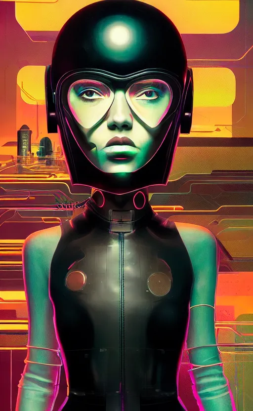 Image similar to portrait of a cyberpunk girl with futuristic helmet and with very tight black latex dress by Petros Afshar and Beeple, James Gilleard, Mark Ryden, Wolfgang Lettl highly detailed