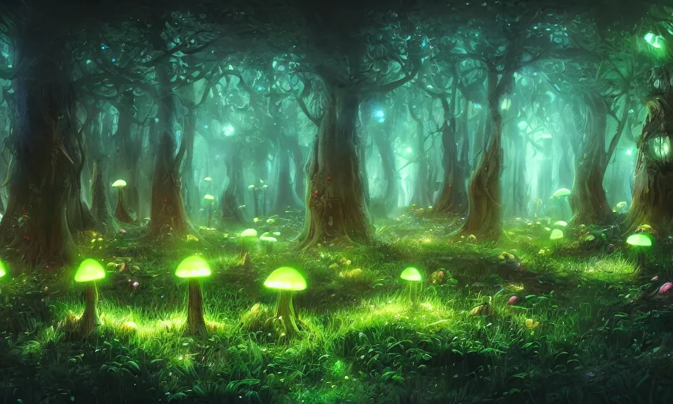 Image similar to bioluminescent mushroom forest, digital art, concept art, fantasy art, highly detailed, hd wallpaper, artstation, deviantart, behance