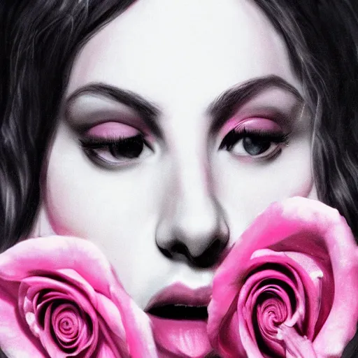 Image similar to a large pink rose with a beautiful womans face coming from the middle of it, highly detailed, 8k, artstation, cursed