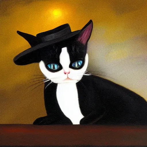 Prompt: siamese cat wearing a tuxedo and top hat magical realism detailed painting with background of city lights at night